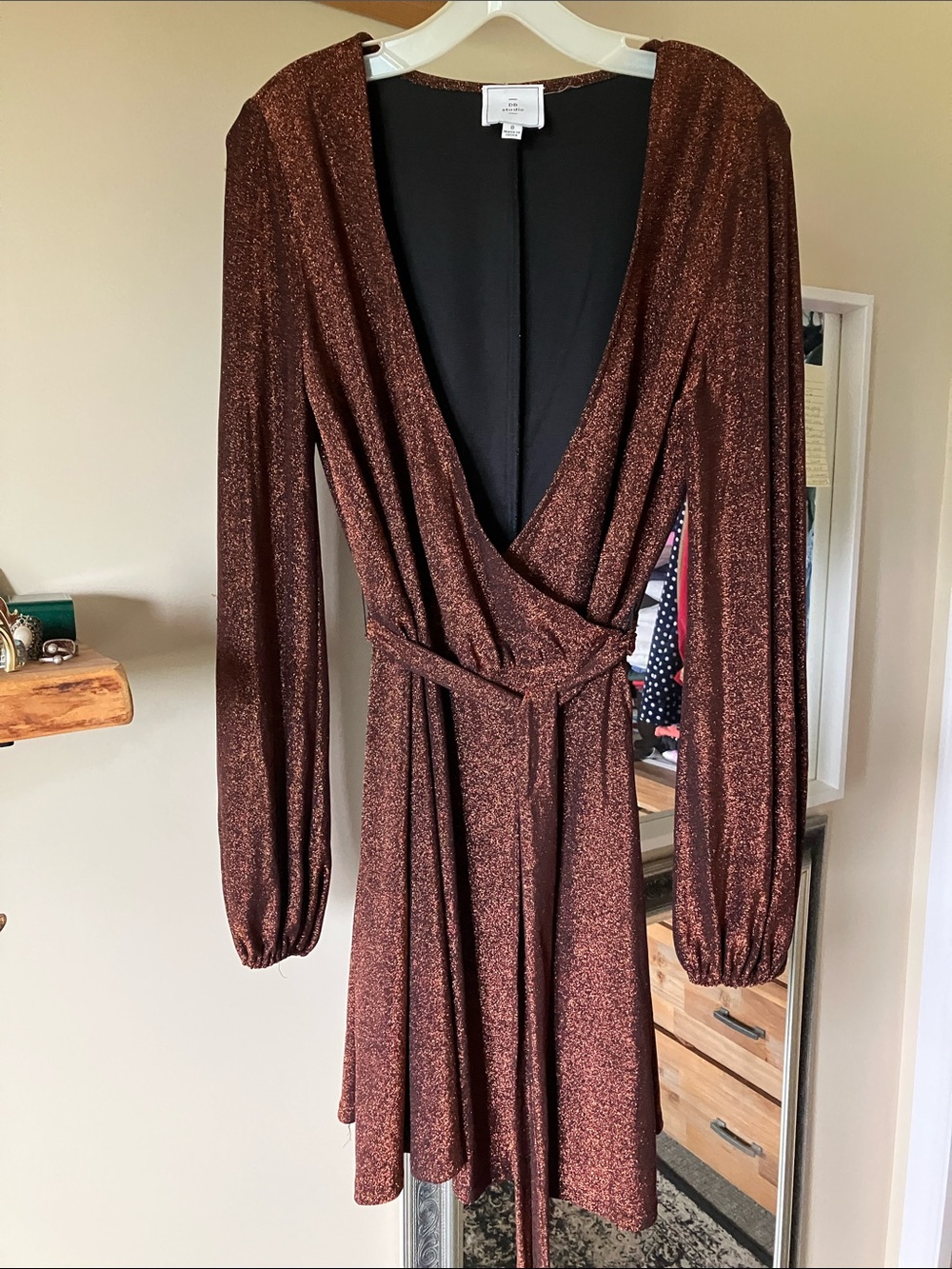 Metallic Brown Long-Sleeve Wrap Dress